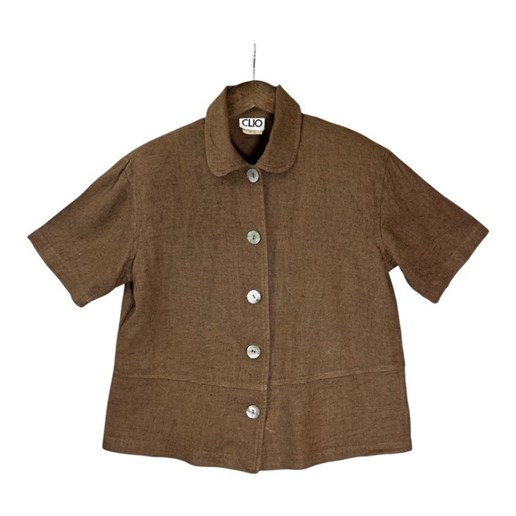 Vintage Clio Flax Button Up Shirt S Brown Peter Pan Collar Boxy Fall Cottagecore - Picture 1 of 7